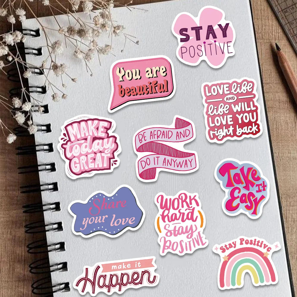 50pcs Pink Inspirational Phrases Stickers Aesthetic Decals Laptop Skateboards Luggage Guitar Notebook Waterproof Vinyl Sticker-faithfullyfocusd