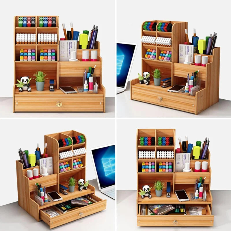 Wooden Desk Organiser DIY Desktop Tidy Pen Holder Large Capacity Stationery Storage Box with Drawer for Home Office and School-faithfullyfocusd