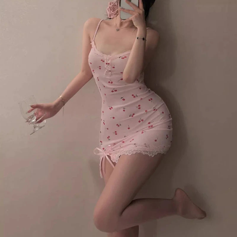 Summer Cherry Pattern Printed Nightgown Suspender Pink Women's Sleep Dress-faithfullyfocusd