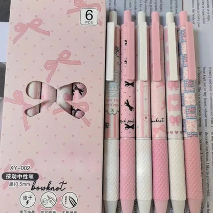 6pcs/box Pink White Color Bow Student Gel Pen Sweet Fashion Bow Heart Stationery Gel Pen Kawaii 0.5mm Black Ink Writing Pen-faithfullyfocusd