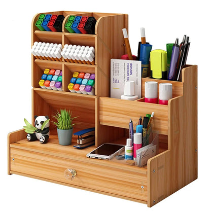 Wooden Desk Organiser DIY Desktop Tidy Pen Holder Large Capacity Stationery Storage Box with Drawer for Home Office and School-faithfullyfocusd