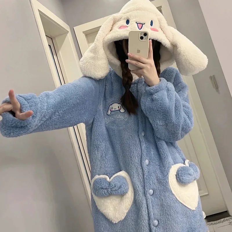 Miniso Kawaii Hellokitty Plush Robes Girls Cute Sanrio Anime Y2K Pajamas Hooded Blanket Casual Fleece Sleepwear Women Clothing-faithfullyfocusd