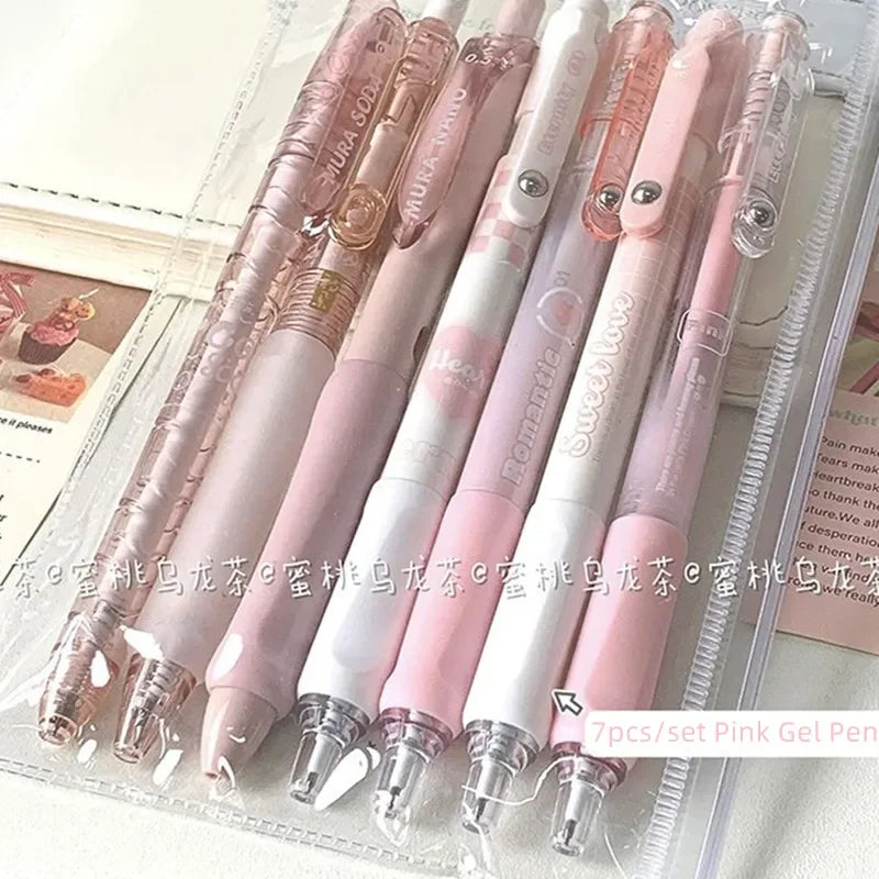 7PCS Cute Peach Sweetheart Pink Series Gel Pen 0.5mm Black Ink Quick Dry Press Pen Set Kawaii Girl Stationery School Supplies-faithfullyfocusd