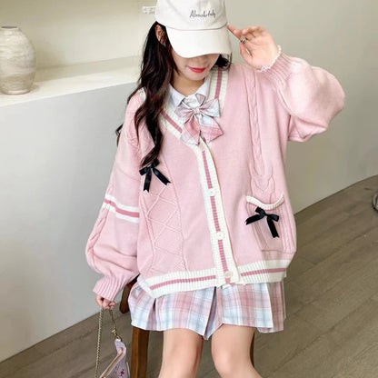 Pink Sweet Women Cardigan Korean Bow Knitted Long Sleeve Female Sweater Jk Preppy Style New Kawaii V Neck Ladies Casual Coats-faithfullyfocusd