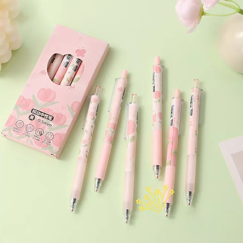 6Pcs Cute Pink Tulip Gel Pen Elegant Simple Pressing Neutral Pens Kawaii Pen Set School Supplies Aesthetic Stationery Gifts-faithfullyfocusd