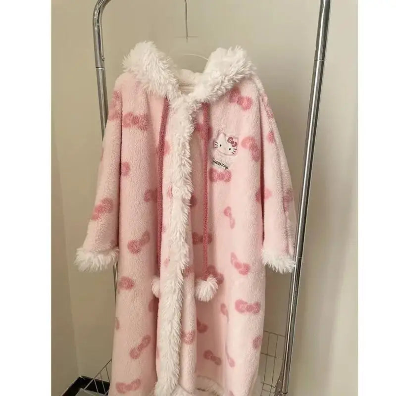 Miniso Kawaii Hellokitty Plush Robes Girls Cute Sanrio Anime Y2K Pajamas Hooded Blanket Casual Fleece Sleepwear Women Clothing-faithfullyfocusd