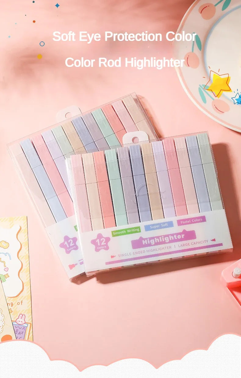 12 Pcs/Set Double Tip Highlighter Pens Kawaii Manga Markers Midliner Pastel Gel Set Stationery Journal School office Supplies-faithfullyfocusd