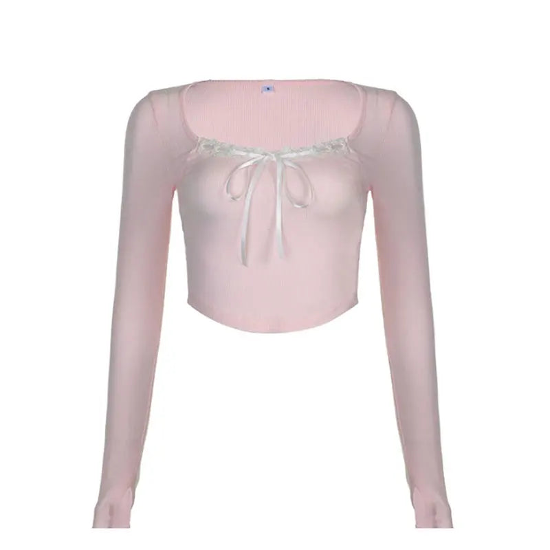 Mooyu Cute Bandage Bow Cropped Top Pink Sweet Coquette Sweet T Shirts Fall Spring Casual Square Collar Tees Women y2k Aesthetic-faithfullyfocusd