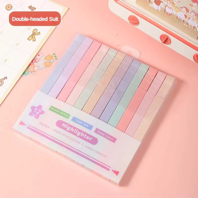 12 Pcs/Set Double Tip Highlighter Pens Kawaii Manga Markers Midliner Pastel Gel Set Stationery Journal School office Supplies-faithfullyfocusd