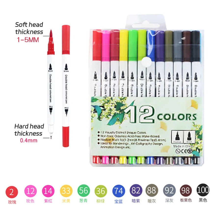 12-262 Colores Double Pen Tip Markers Brush Pens Set Painting Highlighter School Art Supplies for Artist Stationery-faithfullyfocusd