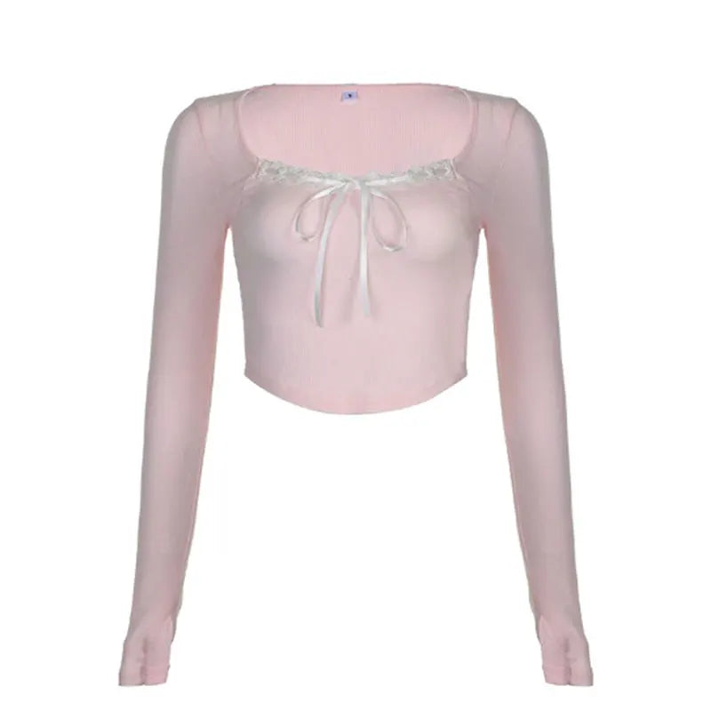 Mooyu Cute Bandage Bow Cropped Top Pink Sweet Coquette Sweet T Shirts Fall Spring Casual Square Collar Tees Women y2k Aesthetic-faithfullyfocusd