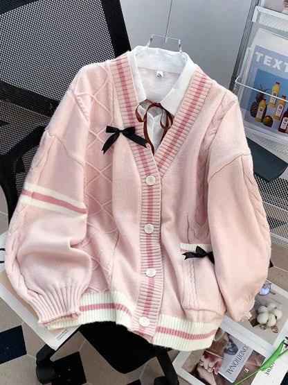 Pink Sweet Women Cardigan Korean Bow Knitted Long Sleeve Female Sweater Jk Preppy Style New Kawaii V Neck Ladies Casual Coats-faithfullyfocusd