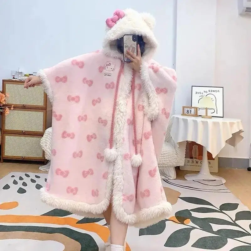 Miniso Kawaii Hellokitty Plush Robes Girls Cute Sanrio Anime Y2K Pajamas Hooded Blanket Casual Fleece Sleepwear Women Clothing-faithfullyfocusd