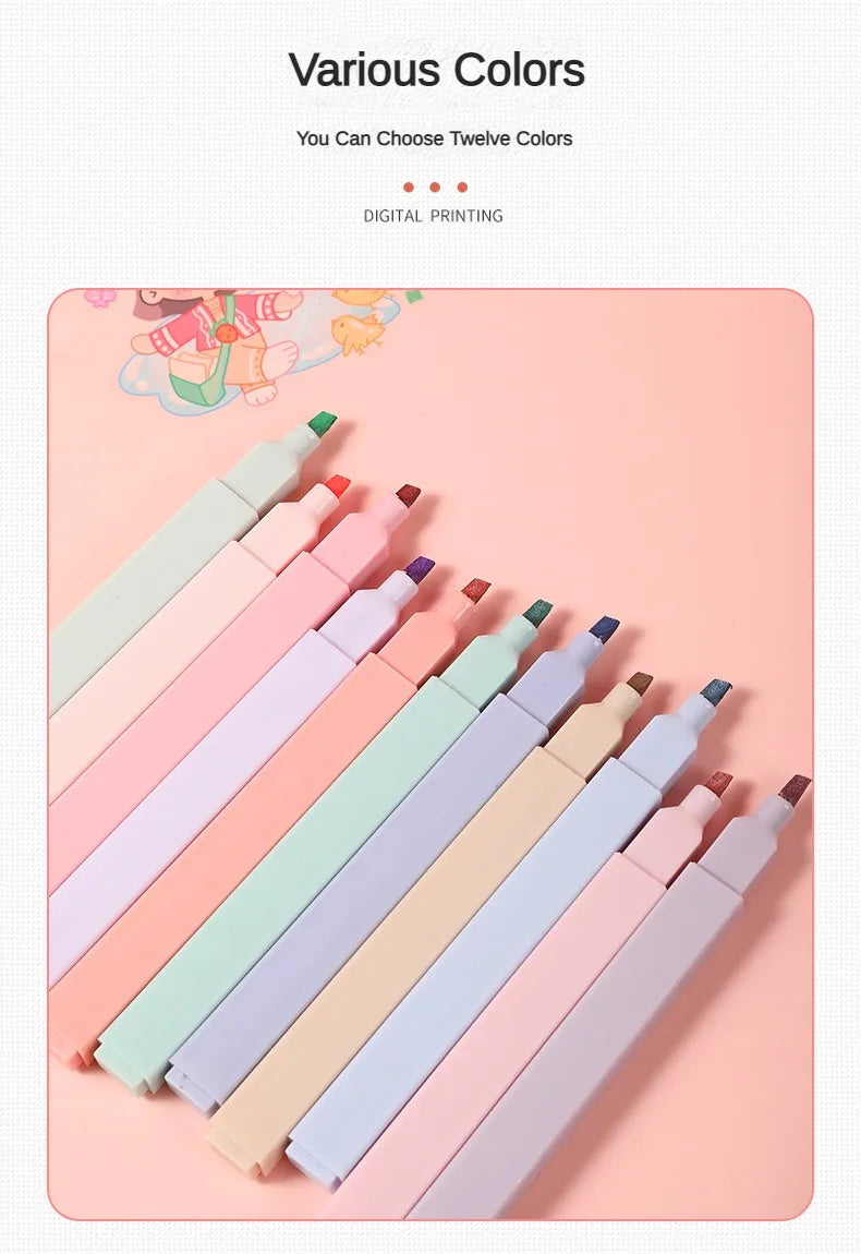 12 Pcs/Set Double Tip Highlighter Pens Kawaii Manga Markers Midliner Pastel Gel Set Stationery Journal School office Supplies-faithfullyfocusd