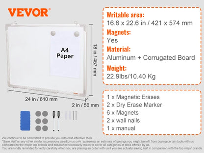 VEVOR Rolling Magnetic Whiteboard Double-Sided Mobile Whiteboard 360° Reversible Adjustable Height Dry Erase Board for School-faithfullyfocusd