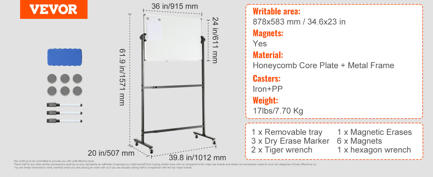 VEVOR Rolling Magnetic Whiteboard Double-Sided Mobile Whiteboard 360° Reversible Adjustable Height Dry Erase Board for School-faithfullyfocusd