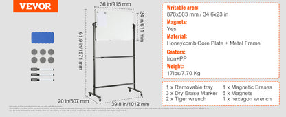 VEVOR Rolling Magnetic Whiteboard Double-Sided Mobile Whiteboard 360° Reversible Adjustable Height Dry Erase Board for School-faithfullyfocusd
