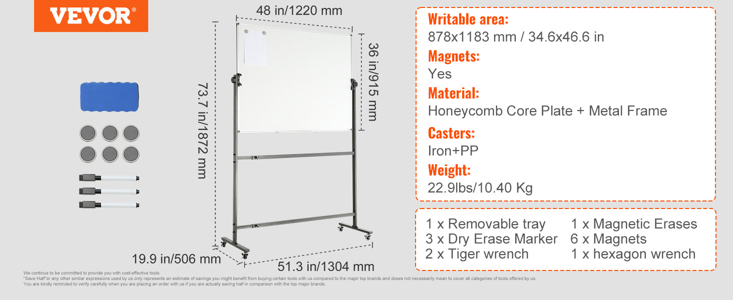 VEVOR Rolling Magnetic Whiteboard Double-Sided Mobile Whiteboard 360° Reversible Adjustable Height Dry Erase Board for School-faithfullyfocusd