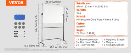 VEVOR Rolling Magnetic Whiteboard Double-Sided Mobile Whiteboard 360° Reversible Adjustable Height Dry Erase Board for School-faithfullyfocusd