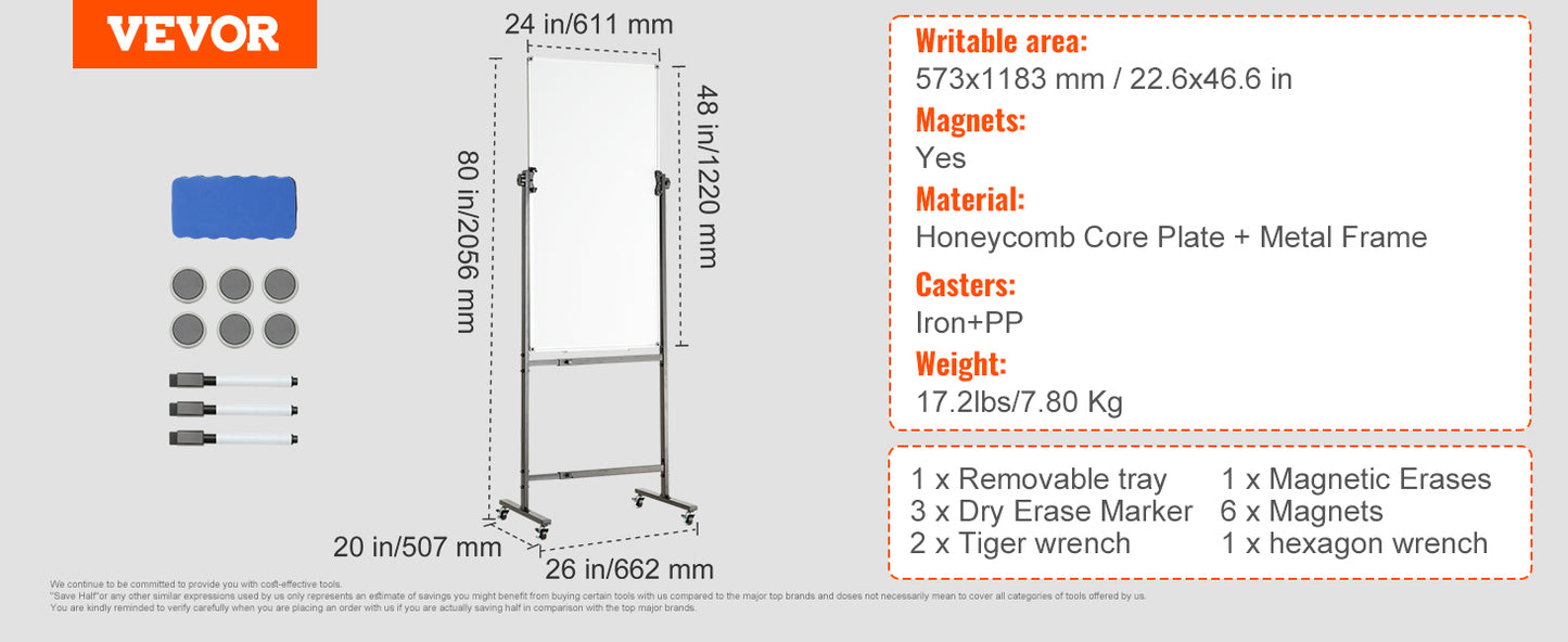 VEVOR Rolling Magnetic Whiteboard Double-Sided Mobile Whiteboard 360° Reversible Adjustable Height Dry Erase Board for School-faithfullyfocusd