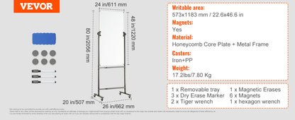 VEVOR Rolling Magnetic Whiteboard Double-Sided Mobile Whiteboard 360° Reversible Adjustable Height Dry Erase Board for School-faithfullyfocusd