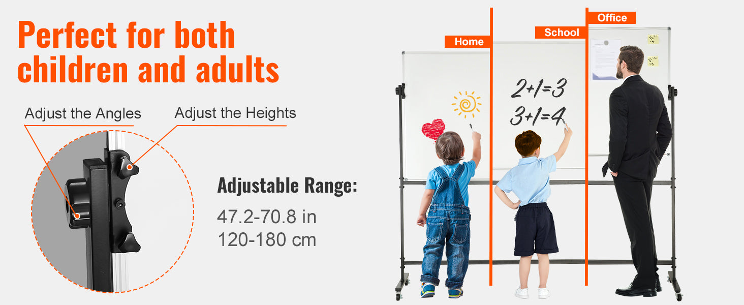 VEVOR Rolling Magnetic Whiteboard Double-Sided Mobile Whiteboard 360° Reversible Adjustable Height Dry Erase Board for School-faithfullyfocusd